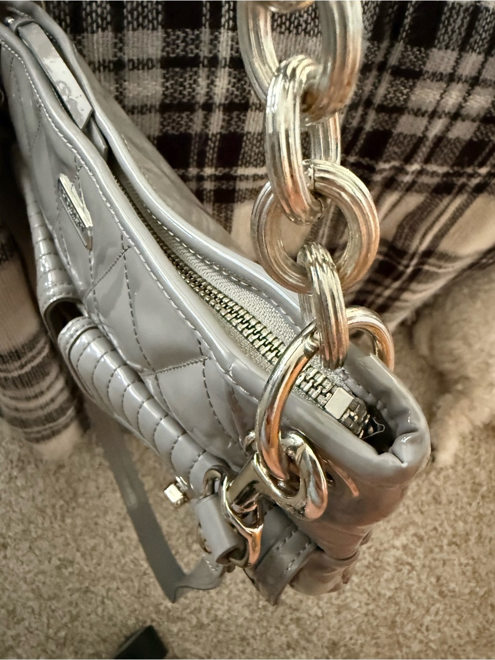 Coach Quilted Gray Patent Shoulder Bag with Chain Strap And Wristlet - Picture 5 of 12